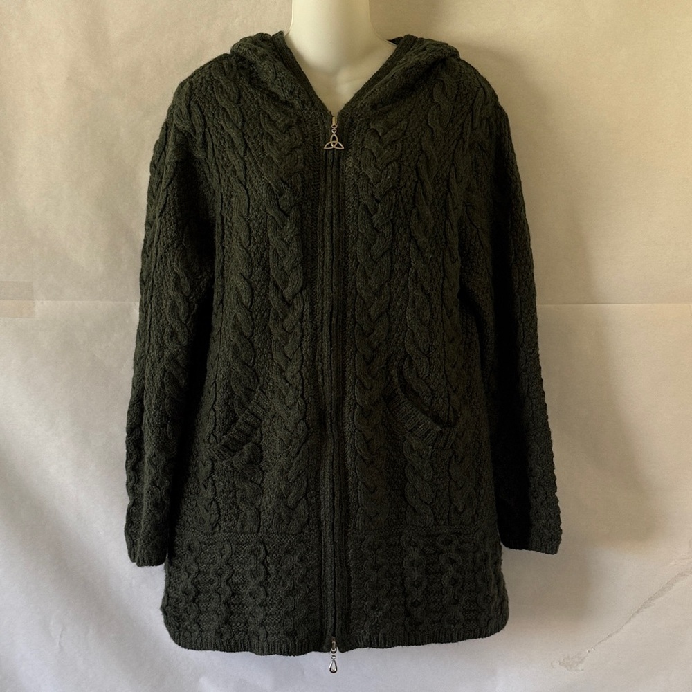 Aran Sweater Market Cable Knit Full Zip Wool Sweater XS Hooded Cardigan Green